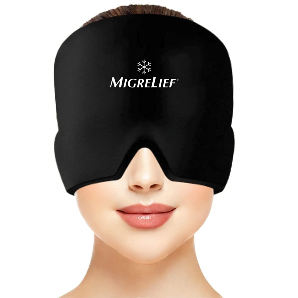Migrelief Migraine Relief Cap - Ice Cap per emicrania e mal di testa con 360 gradi di testa e copertura degli occhi - Cold Therapy Headache Hat e Maschera di emicrania per il sollievo del dolore naturale - One Size, Nero