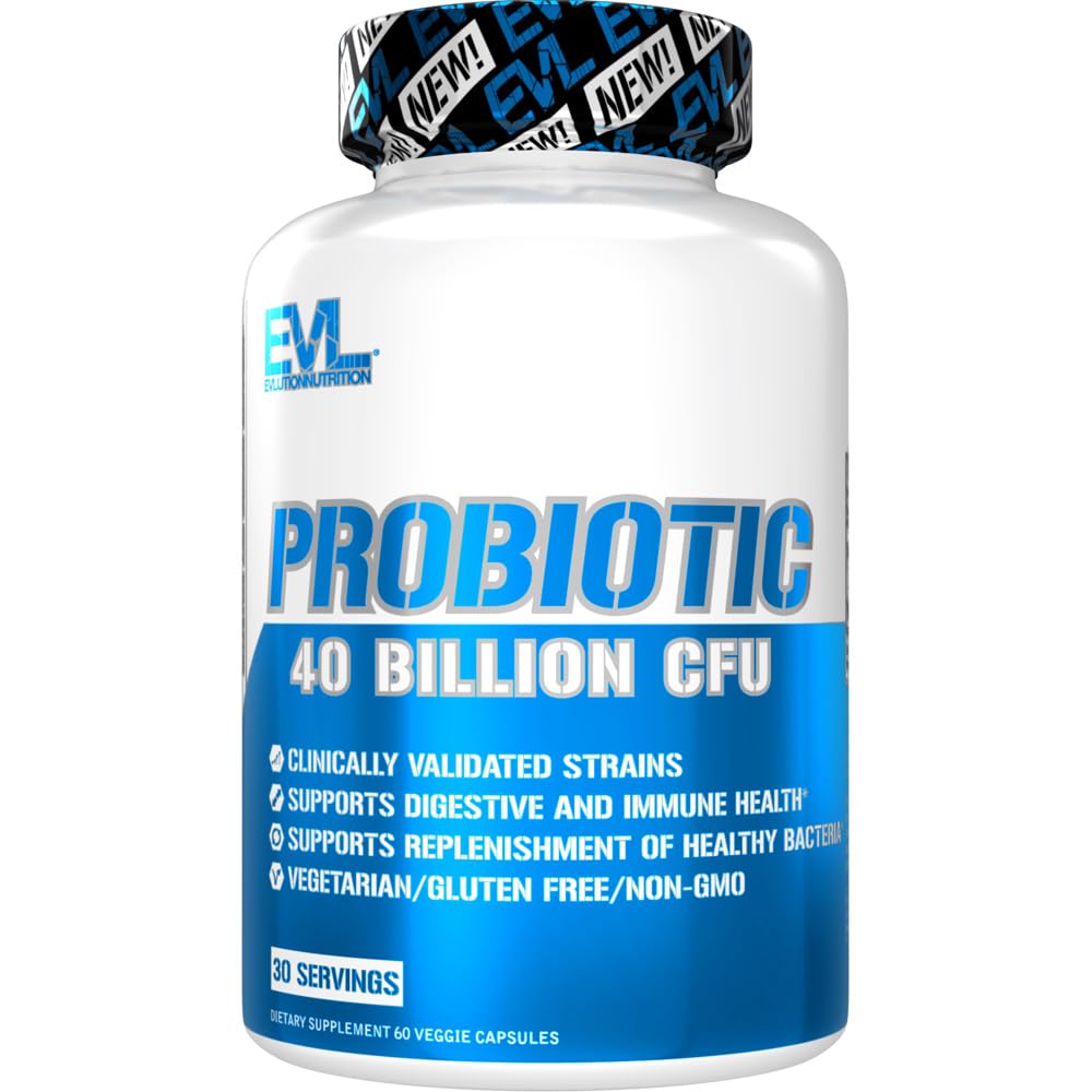 Evlution Nutrition Probiotic - 40 miliardi di CFU - Supporti Digestivi + Salute Immune - Integratore Probiotico per Uomini & Donne - Vegetariano, Gluten Free & Non OGM - 30 Serve - 60 capsule vegetali