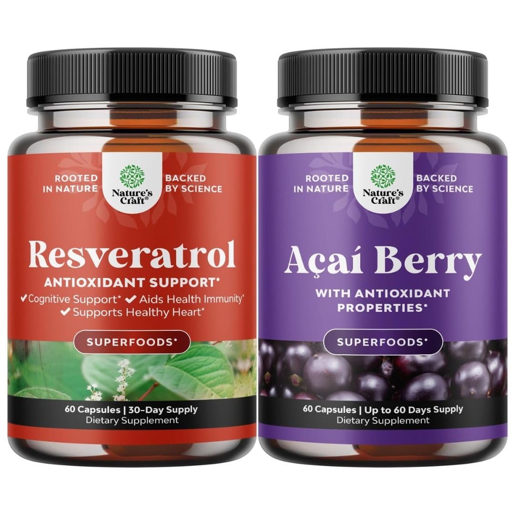 Bundle di capsule di resveratrolo con attivatore Metabolico AMPK per il miglioramento del metabolismo e l'efficienza cellulare e Acai Berry Antiossidante Supporto per le donne e gli uomini per il sistema immunitario e la salute cognitiva