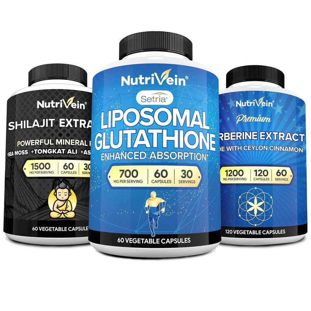 Nutrivein Premium Shilajit Capsule, Liposomal Glutathione Supplement, & Berberine Supplement Bundle: Berberina, Glutathione, & Shilajit Capsule per Uomini e Donne - Metabolismo, Vitalità, & Balance