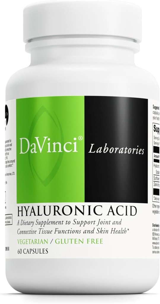 Acido ialuronico DaVinci Labs - Integratore alimentare per sostenere Joint, Cartilage and Skin Health* - Con acido ialuronico, lecitina di girasole e polvere ispanica Salvia - senza glutine - 60 Caps vegetariani