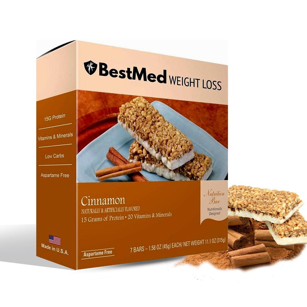 BestMed - High Protein Nutrition Bar - Low-Carb, 15g Protein, Low Sugar, Basso Calorie, Meal Sostituzione Bar (cinnamone, 1 scatola - 7 Conte)