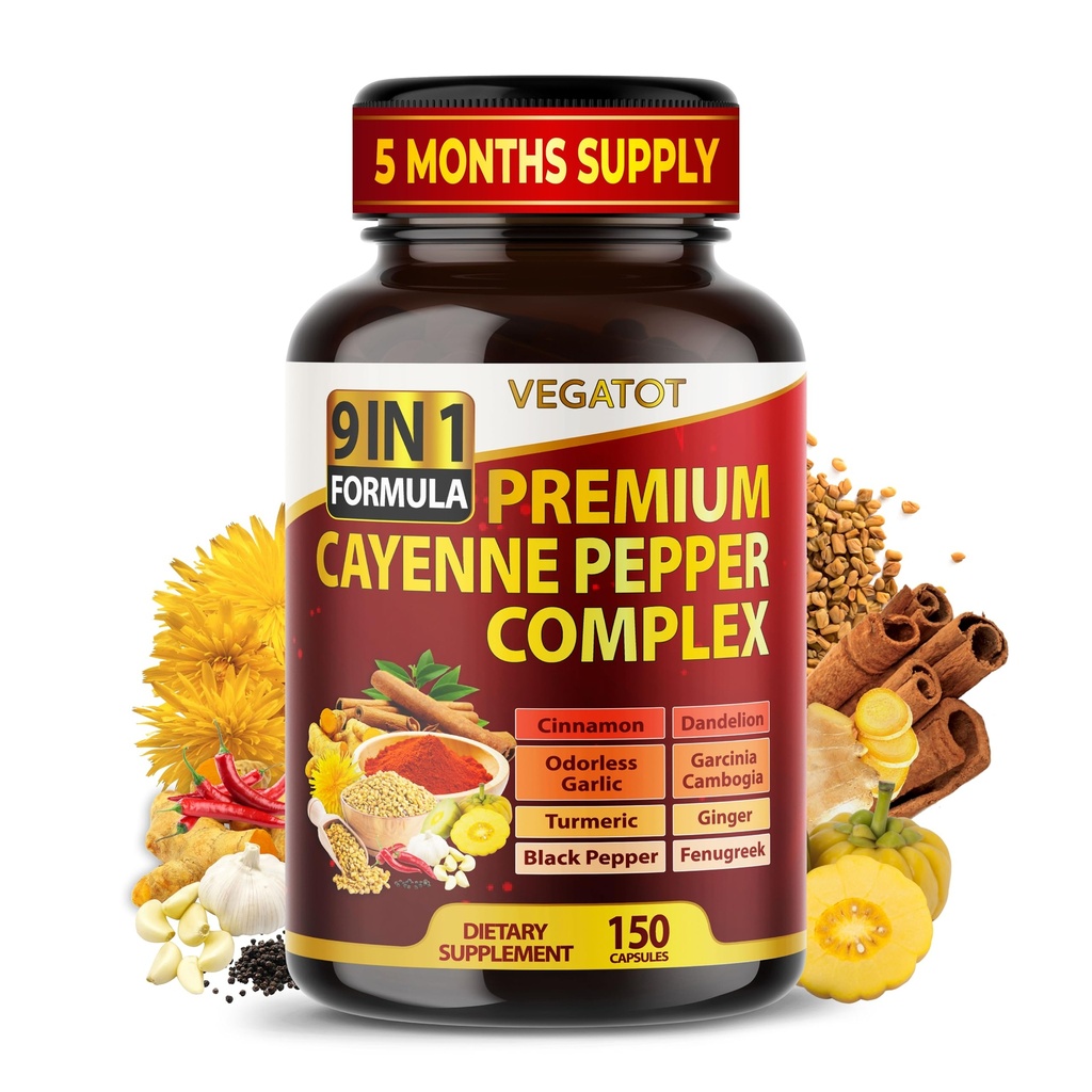 Organic Cayenne Pepper 9IN1 Complesso con cannella, zenzero, curcuma per la salute generale, sistema immunitario, digestione benessere (150 conteggio (pacchetto di 1))