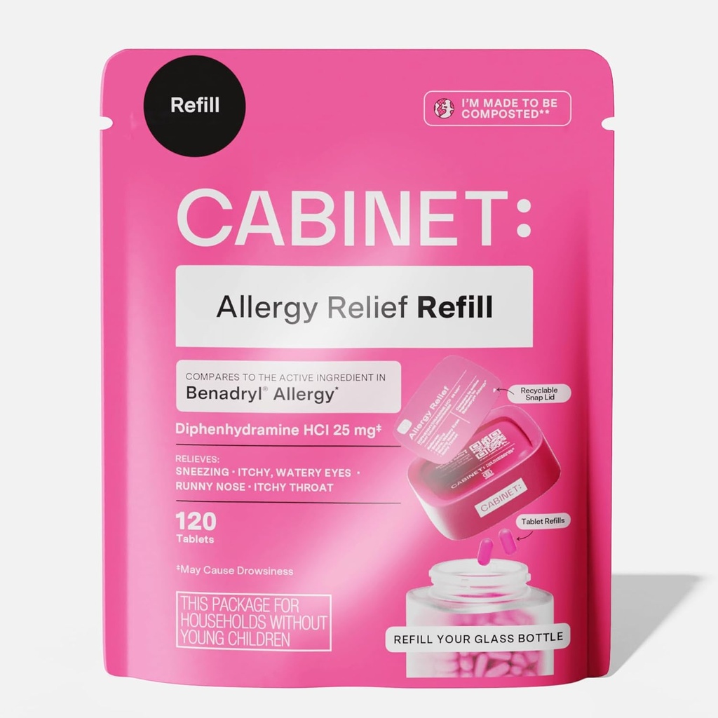 Gabinetto: Difenidramina 25mg Allergy Relief Antihistamine Tablets for Allergies, Hay Fever e Runny Nose, 120 compresse (Pouch di ricarica)