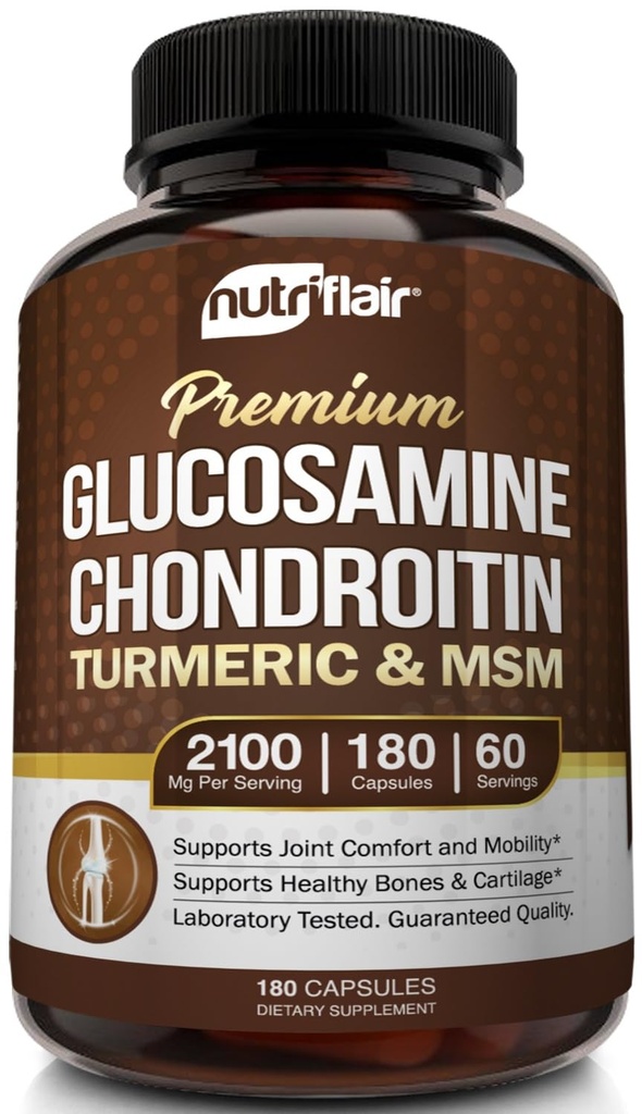 NutriFlair Glucosamine Chondroitin Turmeric MSM Boswellia, 180 Capsule - Joint Comfort Supplement - Natural & Non-GMO - Antiossidante Pillole - Supporti Indietro, Ginocchiere, Mani, Giunti, Cartilage