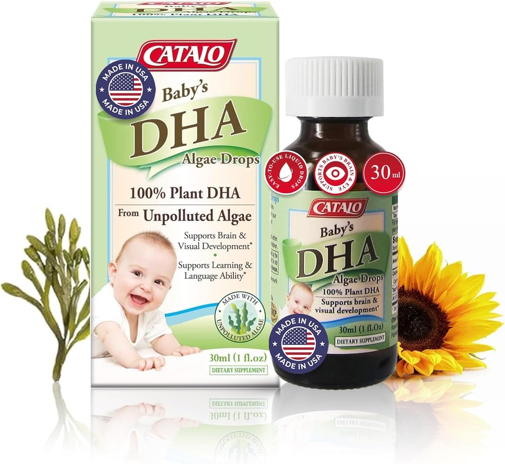 Gocce di alghe DHA del bambino di CATALO - Integratore Omega-3 a base vegetale per neonati - No Fish Oil, No Additivi artificiali - Integratori DHA liquidi facili da usare - 30ml (1 fl oz)