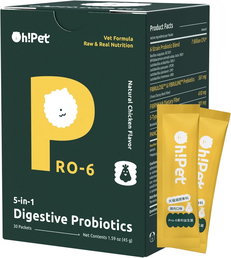 Oh! Probiotici digestivi Pet® 5-in-1 – Polvere CFU 7B per cani e gatti con prebiotici e enzimi (pollo, 30 pacchetti)
