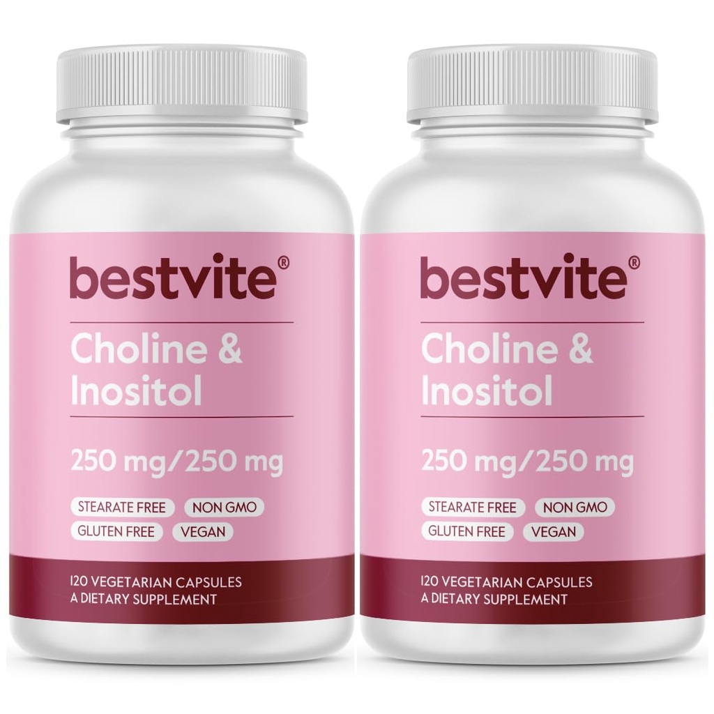 BESTVITE Choline Inositol 500mg (240 capsule vegetariane) (120 x 2) - No Stearates - No Dicalcium Phosphate - No Fillers - Vegan - Non OGM - Gluten Free