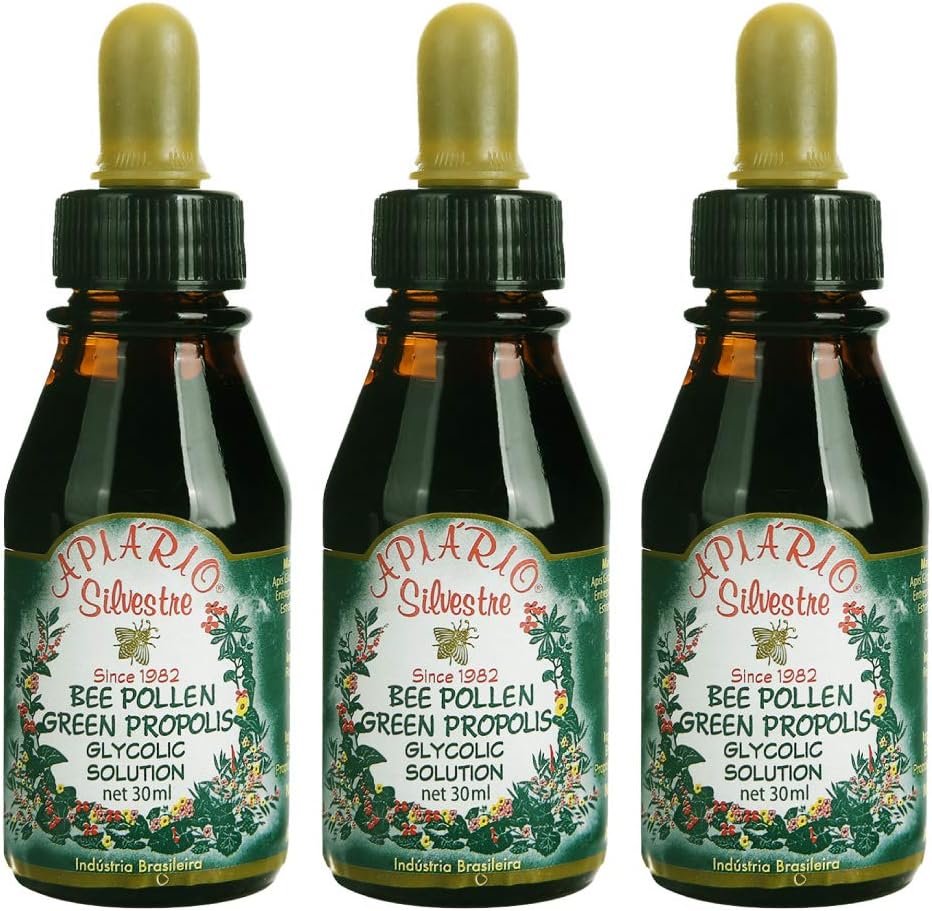 3 Bottiglie di Apiario Silvestre Bee Pollen & Brazil Green Bee Propolis Liquid - Glycolic Extract-Non Alcoholic, Wax Free, Sugar Free