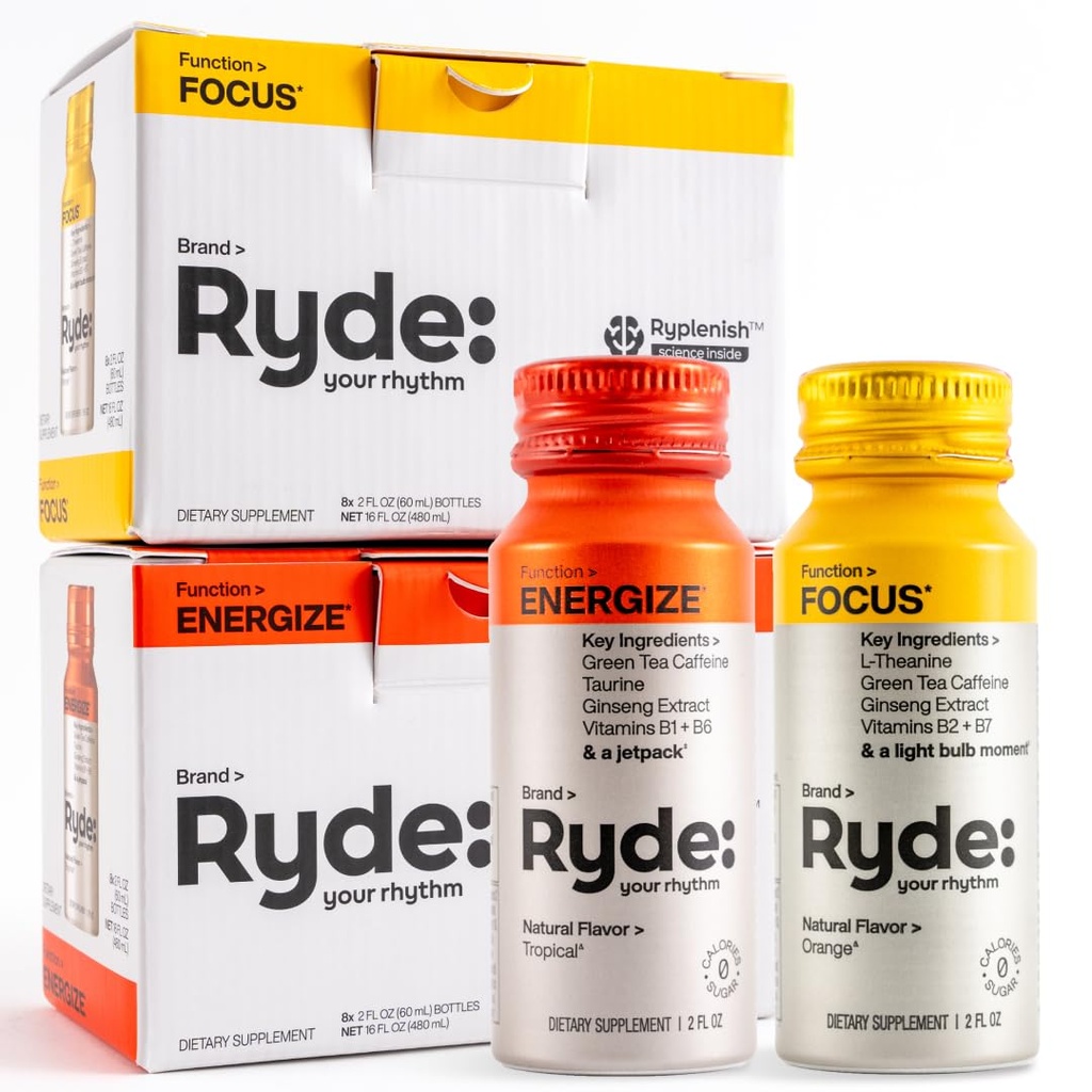 RYDE Shots | Energize + Focus | Vitamine B essenziali e Caffeine| Calorie Zero, Zero Sugar | Confezione da 16