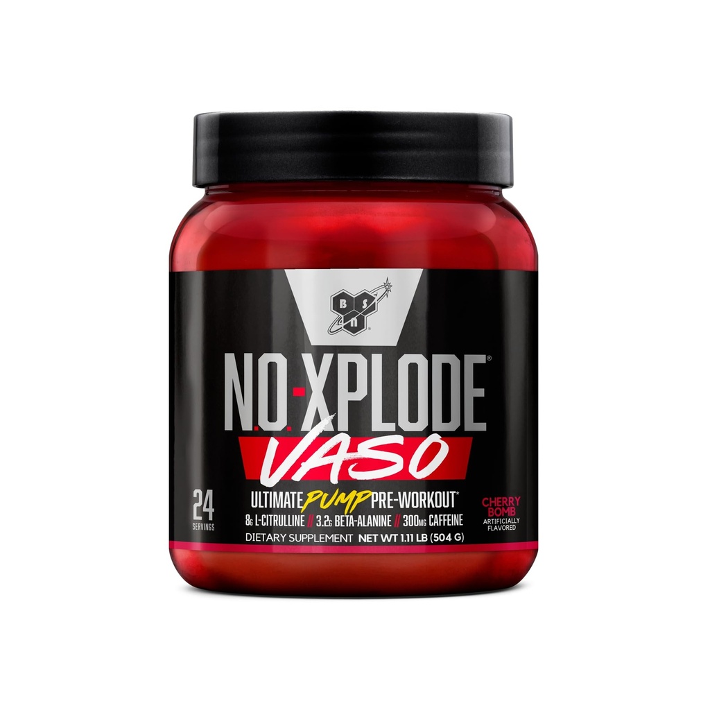 BSN N.O.-XPLODE Vaso Pre polvere di allenamento con 8g di L-Citrullina e 3.2g Beta-Alanina ed Energia, Aroma: Bomba di ciliegia, 24 Serve