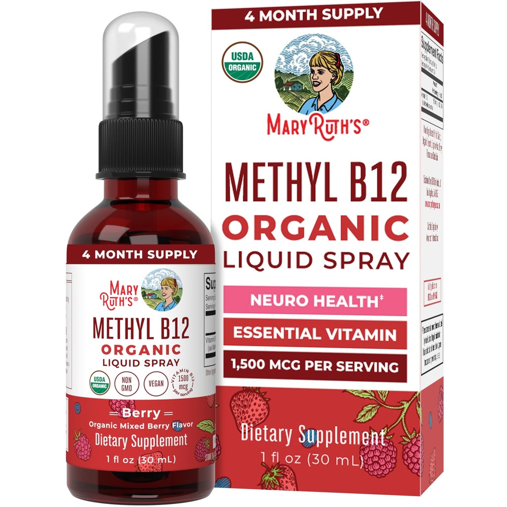 MaryRuth Organics Vitamin B12 Liquid Spray | Vegan, Non OGM, Gluten-Free | USDA Organic Supplement | Energy & Nervous System Support | B12 Vitamine per Donne & Uomini | 1.500 mcg | 1 Fl Oz