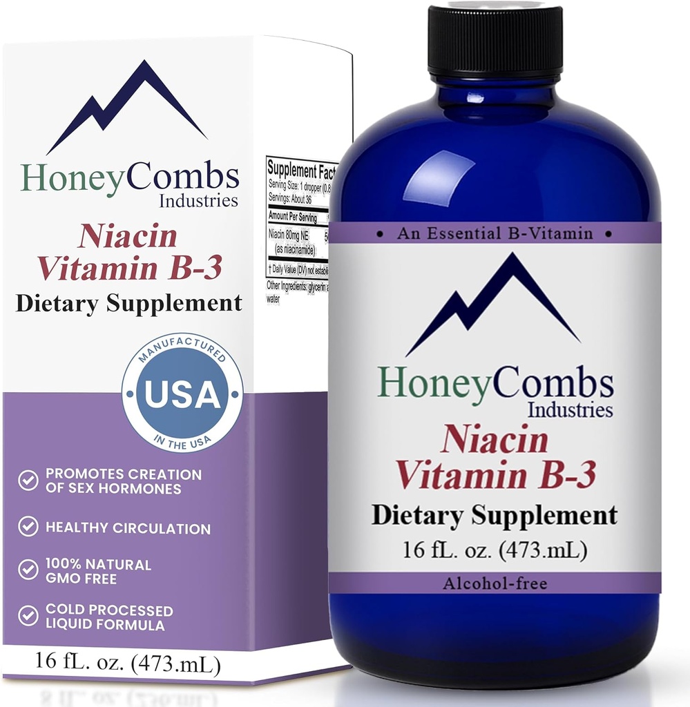 HoneyCombs Vitamina B3 Niacin Supplemento gocce liquide - Alta potenza Vitamina B3 Gocce liquide per uomini e donne - Mantenere il sistema digestivo, pelle, lingua, energia e altro ancora - Vegan Niacin Drop (16 Fl oz)