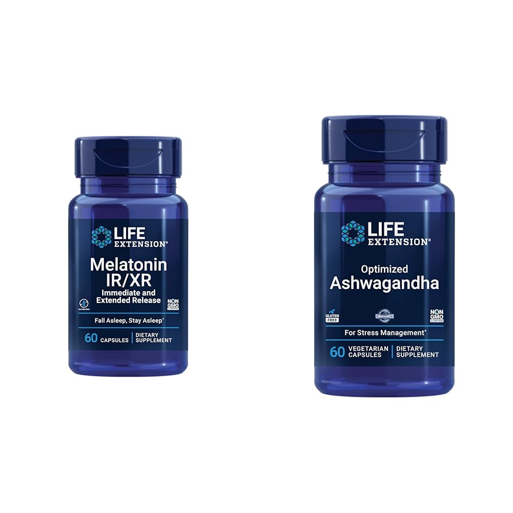 Melatonina IR/XR & Ashwagandha ottimizzato - Sonno, Rilievo di stress, Concentrazione, Memoria - 60 capsule