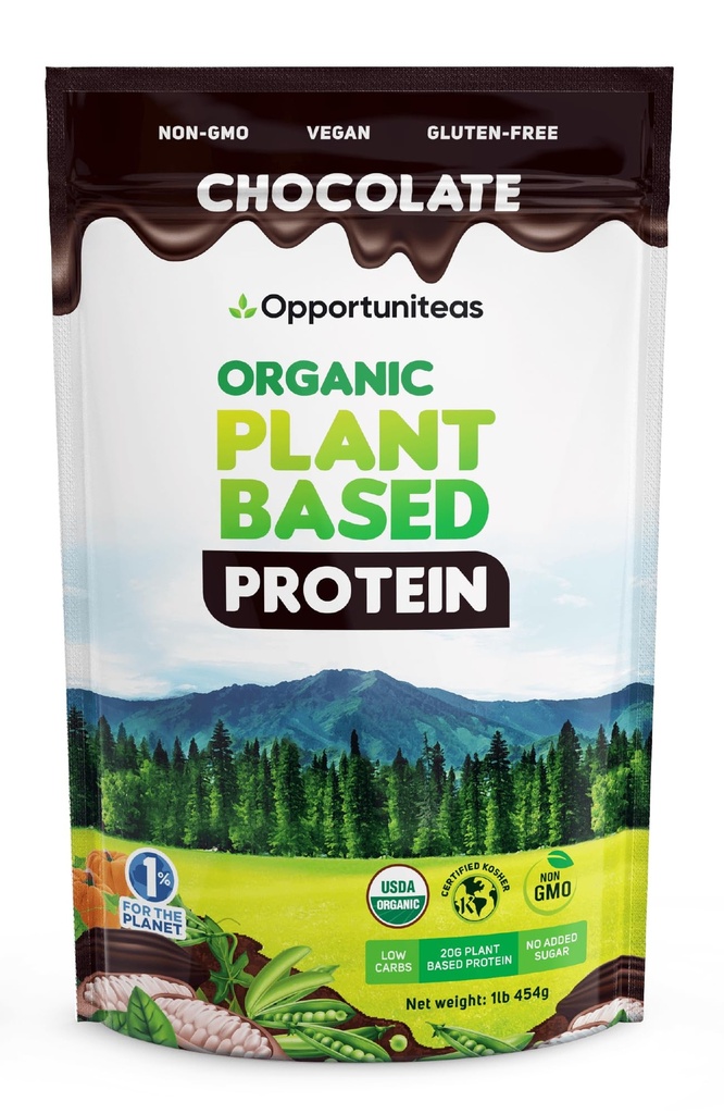 Opportuniteas Organic Plant Based Protein Powder, 20g Vegan Protein da Pea, Zucca e Riso, Senza Zucchero, Non OGM, Gluten-Free, Cioccolato cremoso, 1 lb
