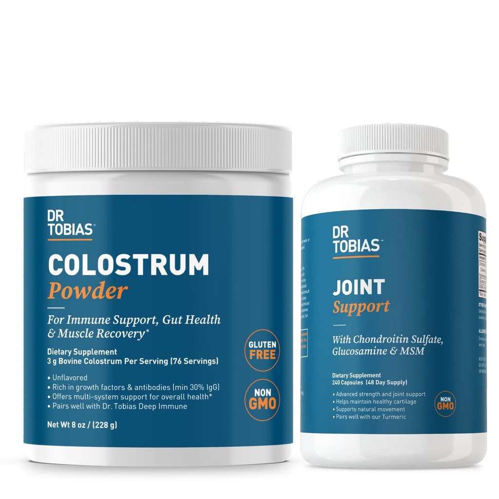 Dr. Tobias Joint Support Supplement and Colostrum Powder - Supporta la mobilità congiunta, la salute del cartilage e la funzione immunitaria - Non-OGM