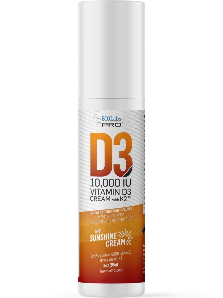 BIOLABS PRO Tutta la vitamina naturale D3 10000IU Vitamina D Crema - Massima resistenza - Combattere la carenza di vitamina D Naturalmente - con vitamina K2 e estratto di foglie di oliva - Sicuro ed efficace (10.000IU - 3.0oz)