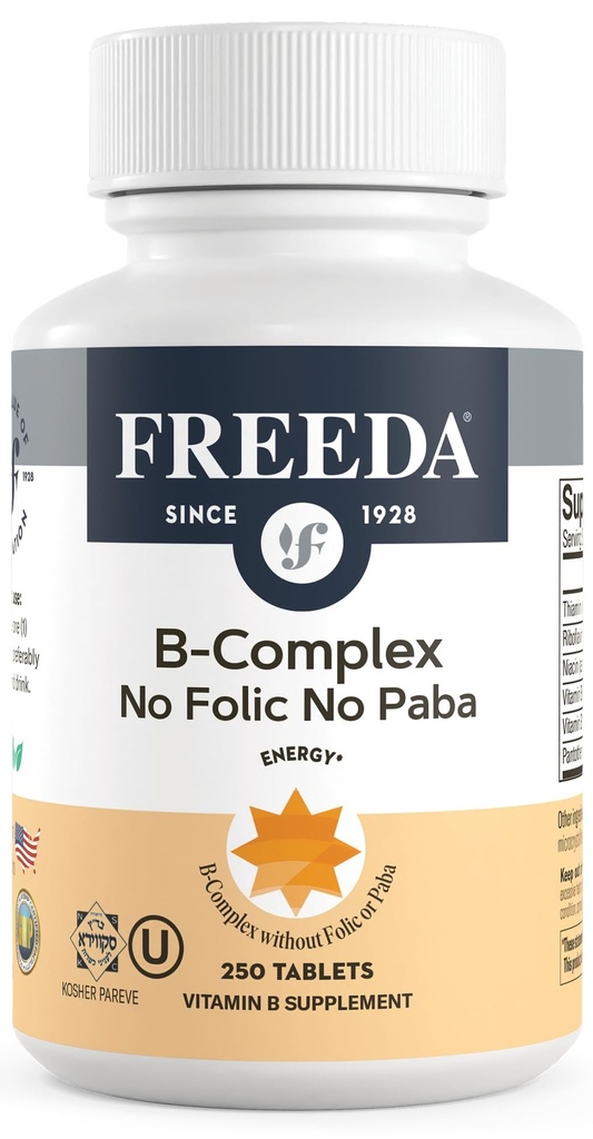 Freeda Vitamina B Complex No Folic No PABA - Super B Complex Kosher Integratore di vitamina B1 Vitamina B2 Vitamina B3 Vitamina B5 Vitamina B6 Vitamina B12 - Vit B Complesso B per Donne & Uomini (250 Ct)