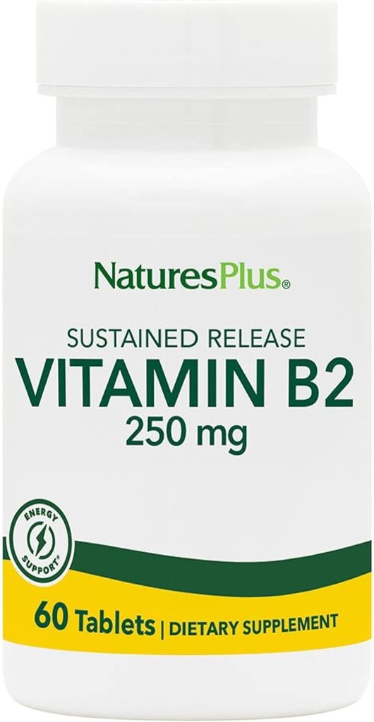 NaturesPlus Vitamin B2 (Riboflavin) - 250 mg, 60 compresse vegetariane, rilascio prolungato - Natural Energy & Metabolism Booster, promuove la salute generale - Gluten-Free - 60 Serve