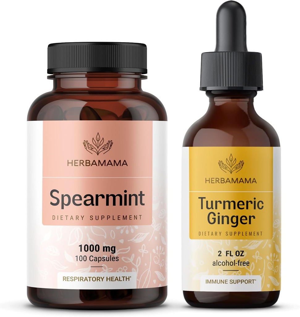 HERBAMAMAMA Spearmint and Turmeric Ginger Kit - Bundle di 1000 mg Spearmint Leaf Capsules & Turmeric Ginger Tincture 2 fl oz - Vegan, Non-GMO, Sugar & Alcohol-Free - 2 Pack