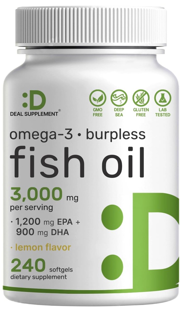 DAL SUPPLEMENTO Omega 3 Integratori di Olio di Pesce, 3.000mg Per Serving, 240 Softgels – EPA 1,200mg + DHA 900mg – Pillole Burpless, Limone aromatizzato, Wild Caught – Brain & Heart Support – Mercury Free, Non OGM
