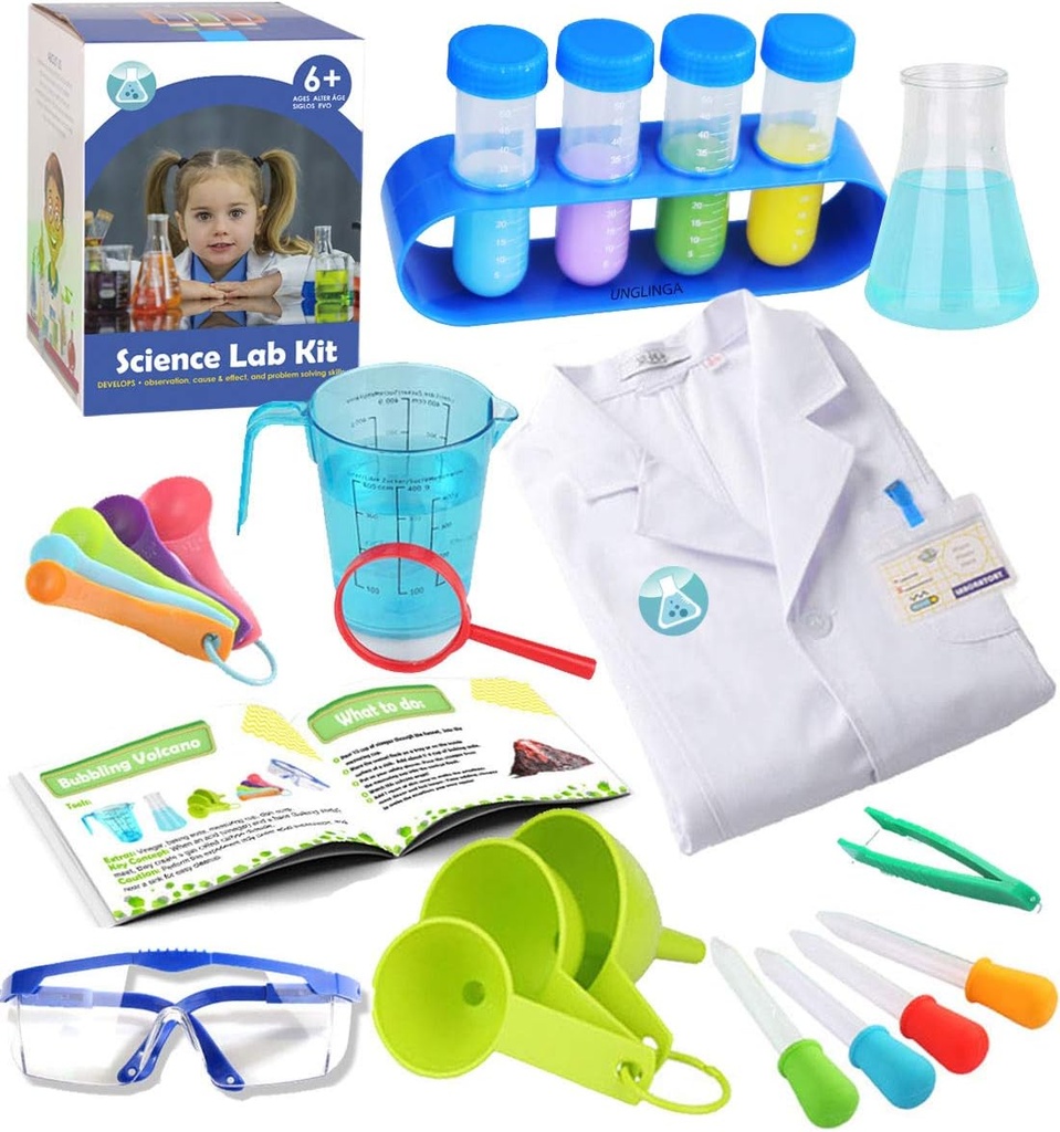 UNGLINGA Kids Science Experiment Kit con Cappotto di laboratorio Scienziato Costume Vestire e Role Giocare Giocattoli Regalo per Ragazzi Ragazze Bambini Natale Festa di compleanno