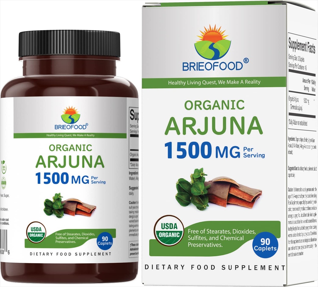 Brieofood Organic Arjuna 1500mg, 45 Serve, Vegetariano, Senza Glutine, 90 compresse vegetariane