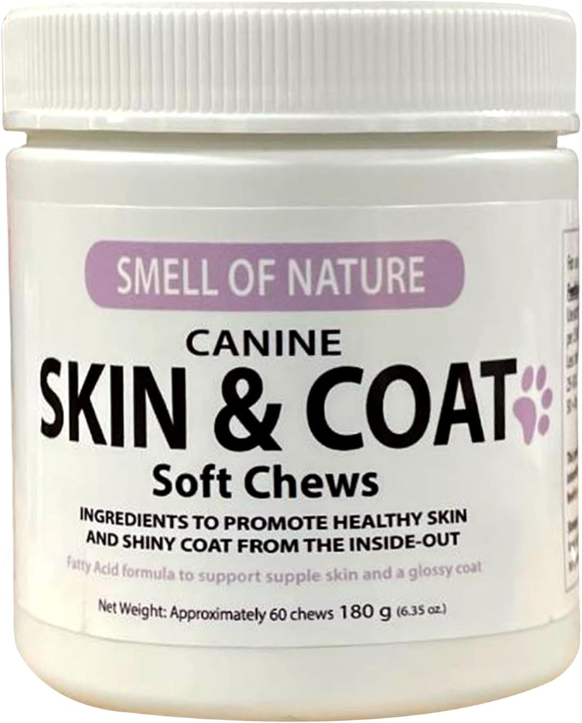 Cuscinetti per il supplemento della pelle e dei cappotti - Integratore per la salute della pelle per tutte le età e le razze - promuove la pelle sana e il cappotto Lustrous - Ricco di acidi grassi Omega & vitamine - 60 Chews