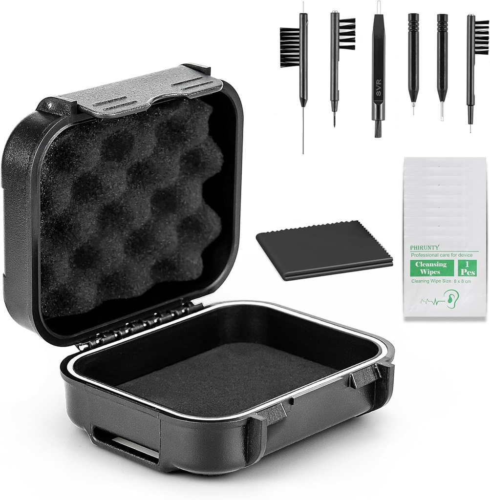 Set 18 pezzi Custodia per apparecchi acustici impermeabile ad alta tenuta con spugna estraibile, Drop-Proof, scatola di stoccaggio antiurto e crush-Proof, accessori per apparecchi acustici con kit di pulizia strumento di pulizia