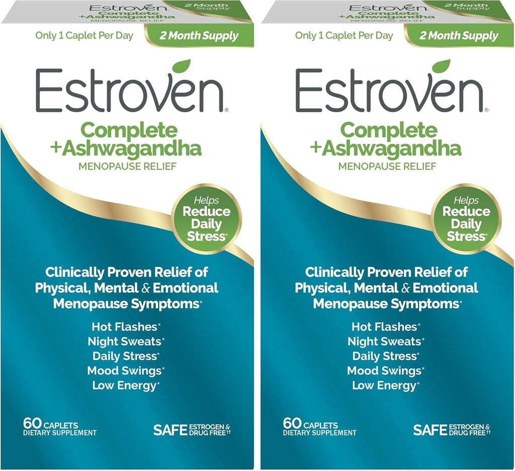 Estroven Complete + Ashwagandha Multi-Symptom Menopause Supplemento per le donne - Clinically Proven Ingredienti Fornire Menopause Relief & Night Sweats + Hot Flash Relief* - 4 Mesi di alimentazione (Pack of 2)