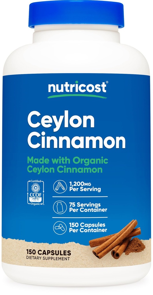 Nutricost Organic Cinnamon (Ceylon Cinnamon) 1200mg Serving, 150 Capsule - Gluten Free, Non-GMO