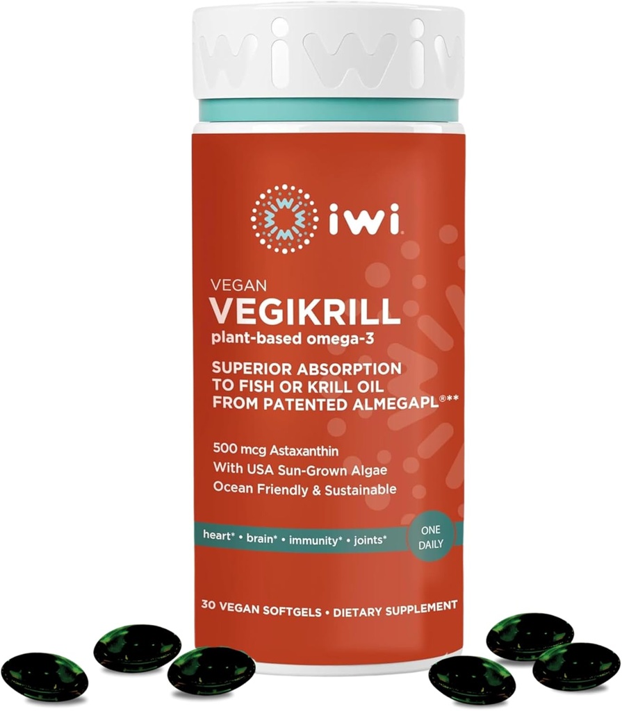 iwi Life Vegikrill Omega-3, 30 Softgels (30 Serve), Vegan, Algae basata sulle piante Omega-3 con Astaxanthin, Integratore alimentare completo, Krill & Fish Oil Alternative, No Fishy Aftertaste