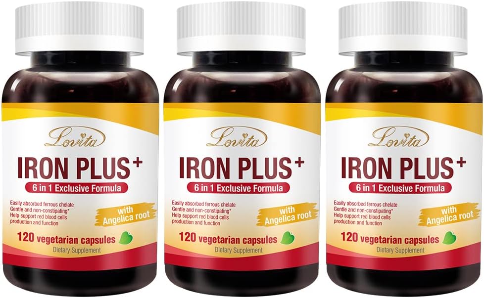 Lovita Iron 18 mg, 6 in 1 supplemento di ferro per le donne, con vitamina C, Dong Quai & B12, vitamina vegana per sostenere la produzione di globuli rossi senza costipazione, 120 capsule (pacchetto di 3)