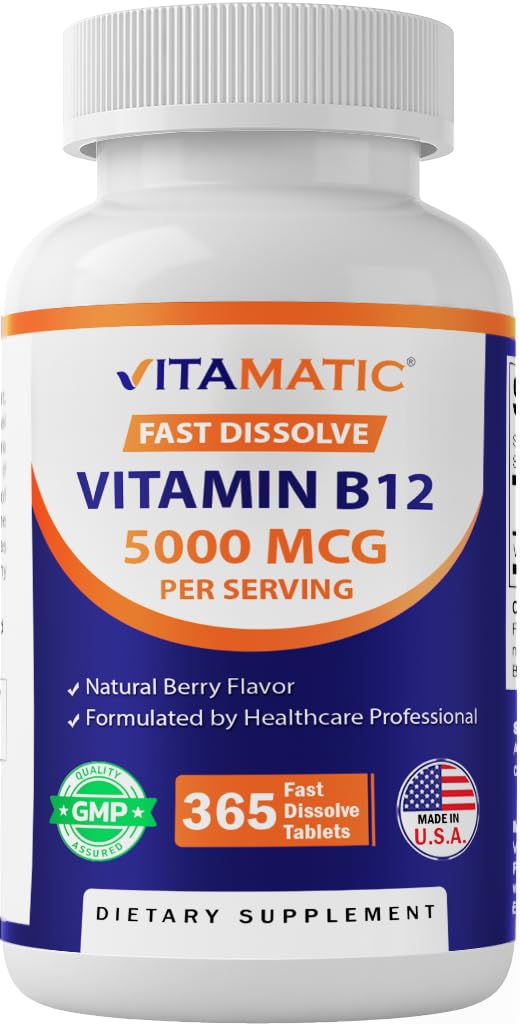 Vitamatic Vitamina B12 5000 mcg – 365 Fast Dissolve Tablets Berry Flavor – Supporta la produzione di energia e la salute del sistema nervoso – Non OGM, senza glutine