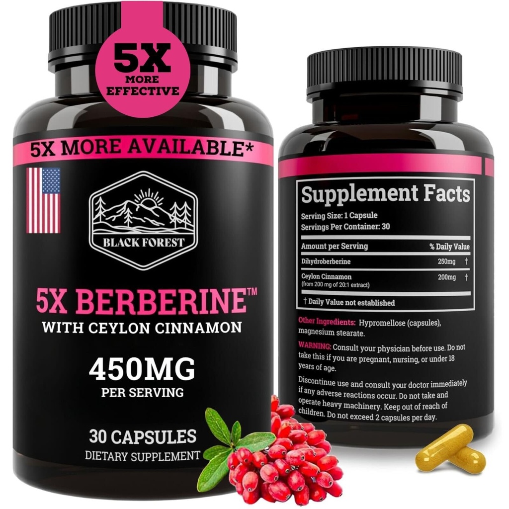 Foresta Nera 5X Berberina a Diidroberberina Supplemento (Super Berberina Ora 5X Più Efficace Della Berberina Regolare HCL) Migliore Diidroberina con Ceylon Cinnamon - simile al fitosoma di Berberina