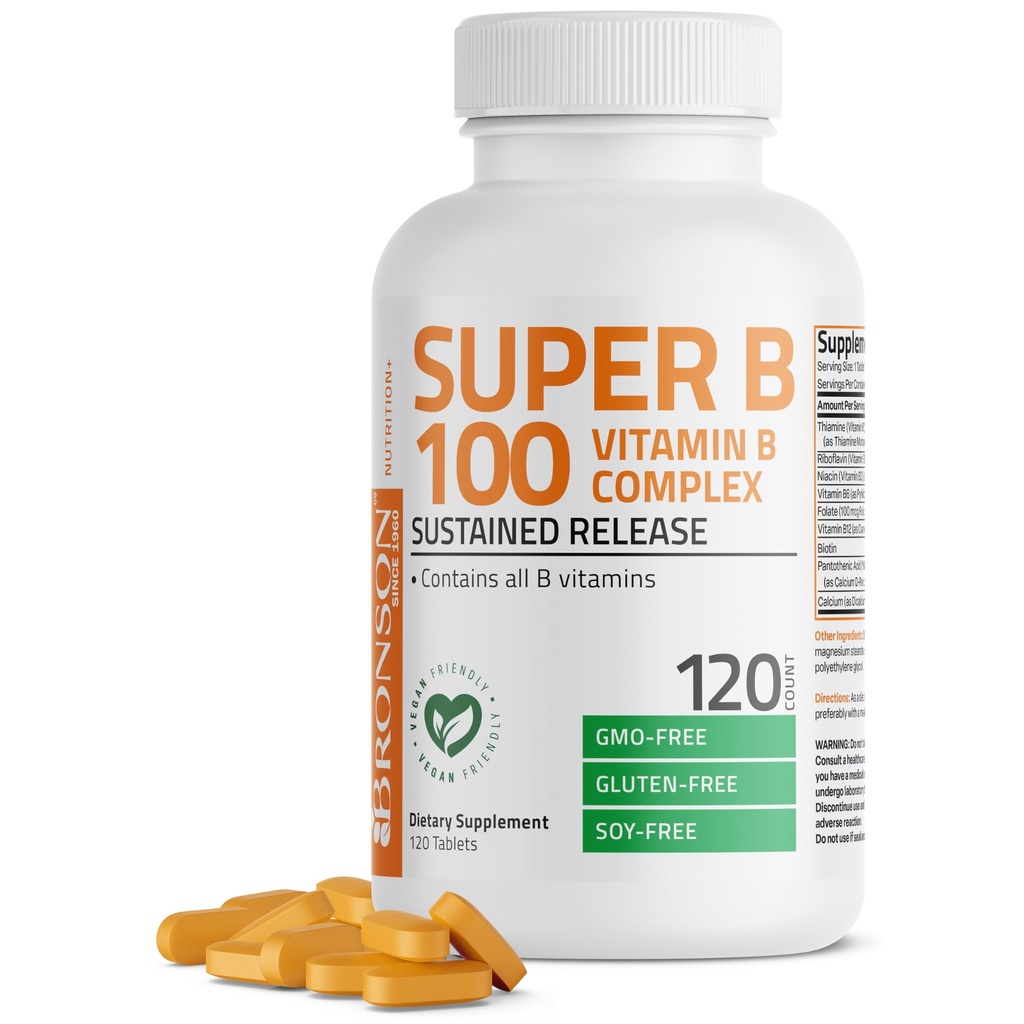 Bronson Super B100 Vitamina B Complex Contiene tutte le vitamine B (Vitamina B1, B2, B3, B6, B9 - Acido Folico, B12), 120 compresse