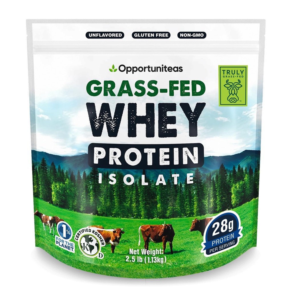 Opportuniteas Grass Fed Whey Isolate Protein Powder - Polvere proteica non aromatizzata 28g senza dolcificanti artificiali, cows senza ormoni, non OGM - 2.5lb