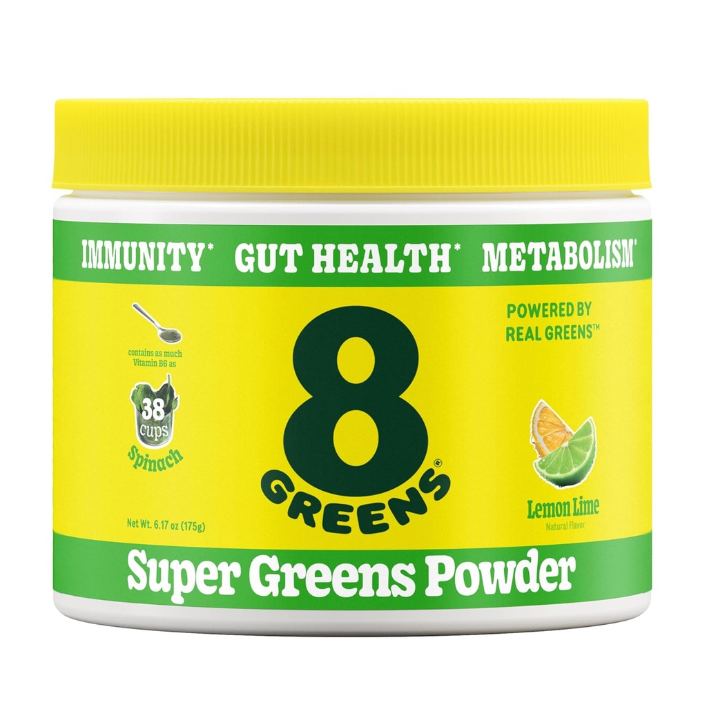 8Greens Super Greens Powder | Superfoods di miscela prebiotici e probiotici per la salute del fegato, Metabolismo, Debloating, con fibre, enzimi digestivi, organici: Spirulina, clorella, Lime di limone, 25 Servings