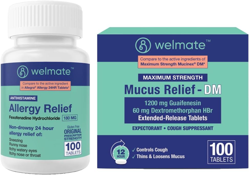 WELMATE Complete Allergy & Congestion Relief Bundle: Fexofenadine HCl 180mg Non Drowsy Antihistamine (100 Ct) + Mucus Relief DM 1200mg Guaifenesin & 60mg DXM (100 Ct) | 12-Hr supporto respiratorio