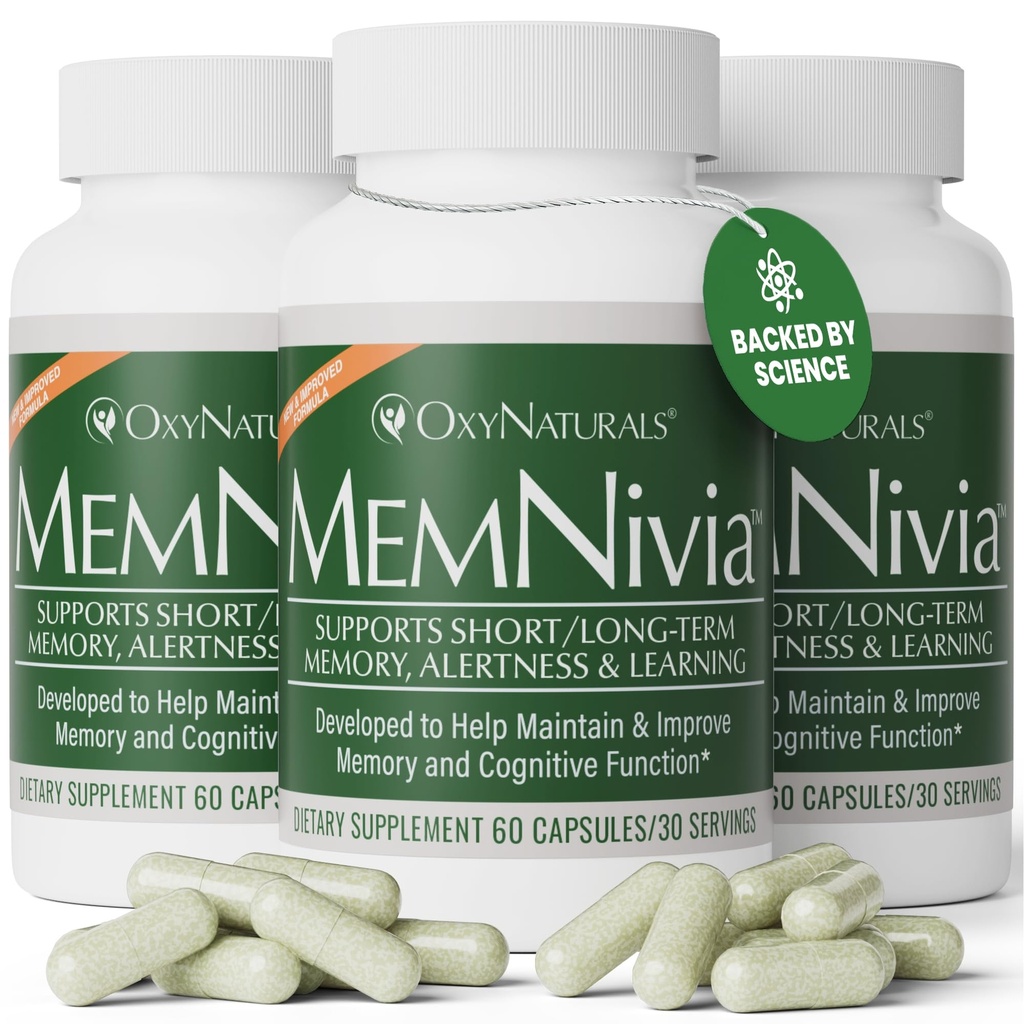 MemNivia Brain Integratori per Memoria e Focus | Formula a doppia salvia Stem Cell con Cognivia®, Bacopa, Holy Basil & Ginger | Supporto per Clarity Mentale Clinicamente Proven | 180 Capsule (3 Bottiglie) | USA Made