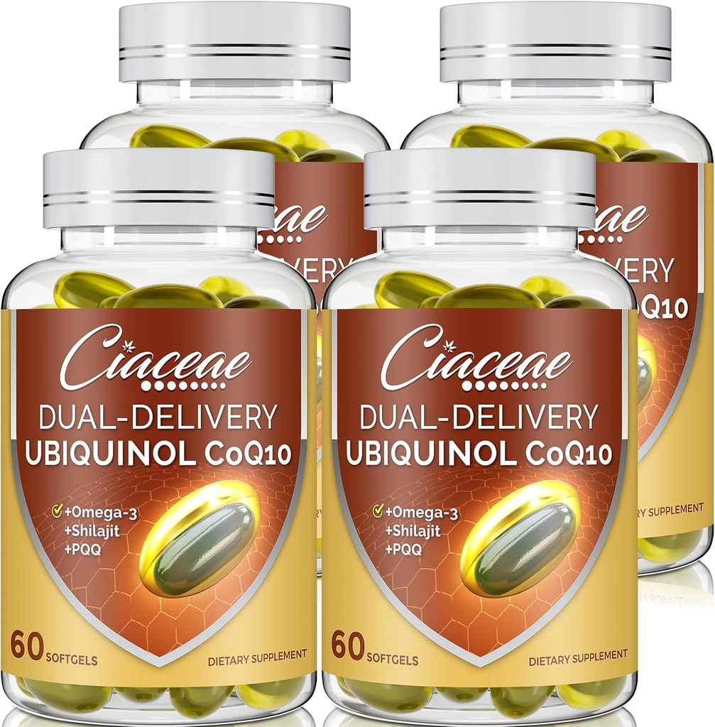 Ubiquinol CoQ10 600 MG Softgels con Omega-3 & Shilajit & PQQ, Advanced Dual-Delivery Coenzyme-Q10, Active CoQ10 Ubiquinol Supplemento per fertilità, antiossidante, cuore, cervello & energia, 240 Servings