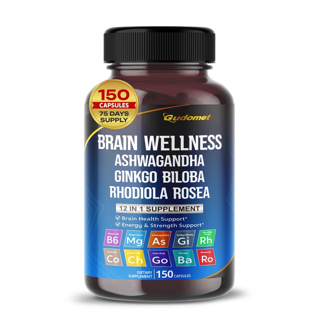 Brain Wellness Ginkgo Biloba Rhodiola Cordyceps Camomilla Ashwagandha Gotu Kola Bacopa Rosemary Santo Basilio Nero Pepe -150 Capsules- Made in Italy