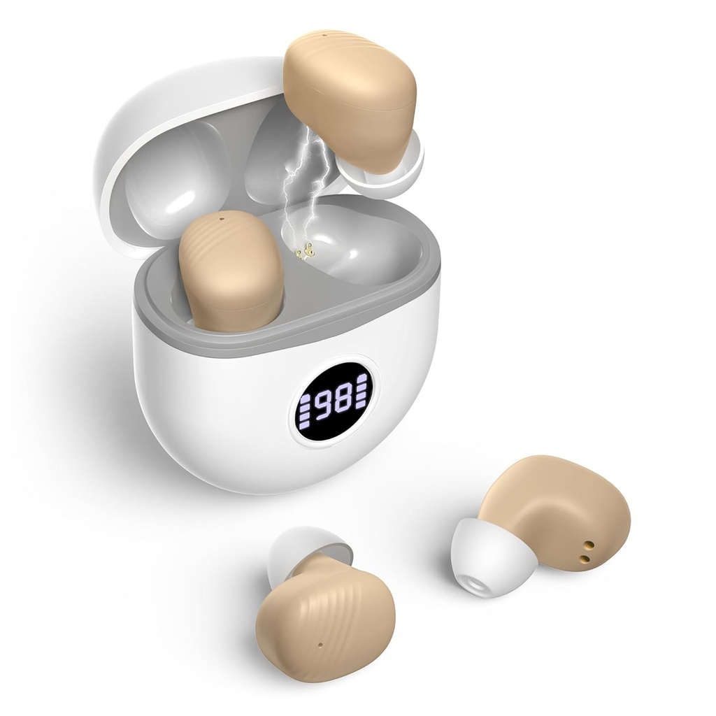 Apparecchi acustici, apparecchi acustici ricaricabili per gli anziani con cancellazione del rumore, piccolo nell'orecchio nessun amplificatori acustici acustici Aggiornamento massimo guadagno 40dB con Oval Charging Case LED Power Display, Beige