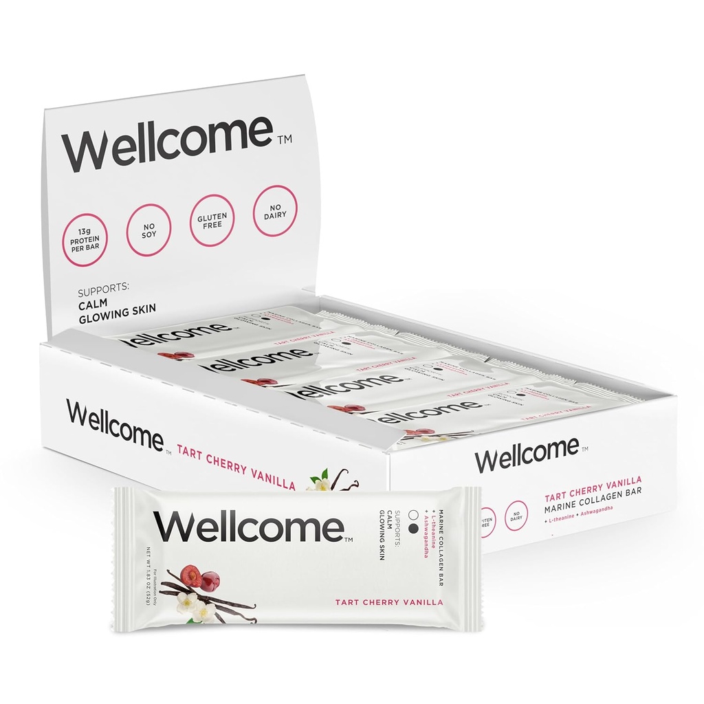 Wellcome Tart Cherry Vanilla Marine Collagen Protein Bar con Ashwagandha e L-teanina - Adaptogenic Snack Bar - Dairy Free Health Bar per Functional Active Lifestyle (Pack of 12)