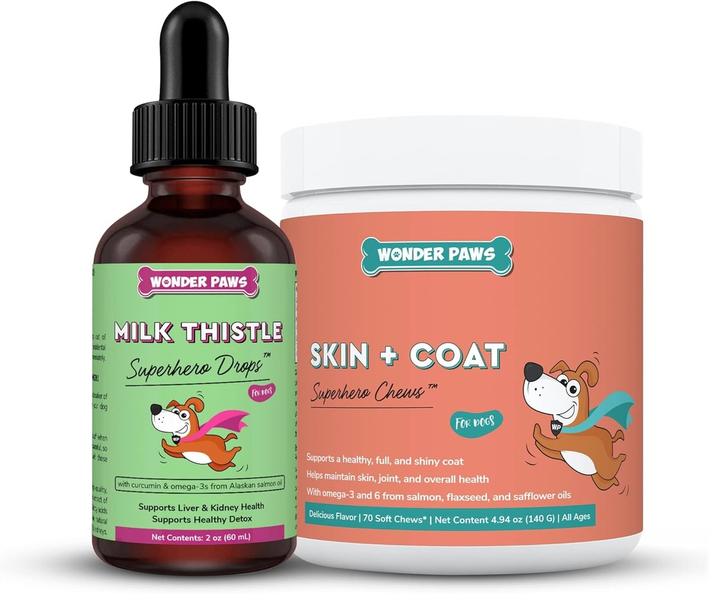 WONDER PAWS Milk Thistle Drops Plus Skin + Coat Soft Chews - per Dogs Liver and Kidney Support, Detox & Skin and Coat Health - Milk Thistle 2 Ounces - Skin + Coat 70 Chews