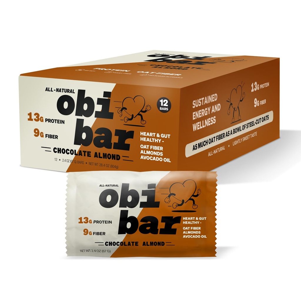 Obi Bar Chocolate Almond - Protein and Oat Fiber Bar | All-Natural | Sustained Energy | Lightly Sweet Taste | 100% Cocoa, Almond Chunks | MADE With AVOCADO OIL | Egg White Protein | Soy Free, Dairy Free, No Sugar Alcohol, No Seed Oils | 2.4oz, 12 Pack