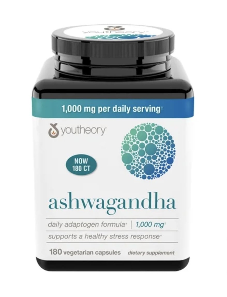 Youtheory Ashwagandha 1000mg con KSM-66 - Aiuta a sostenere una risposta sana di stress,180 capsule (Pack of 1)