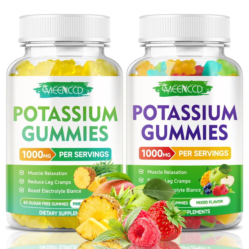 Gummies Citrato di potassio 1000mg, Gummies supplemento di potassio ad alta potenza per adulti donne e uomini, Potassium Gummies supporto Gambe e salute del muscolo, Ananas & Frutta mista