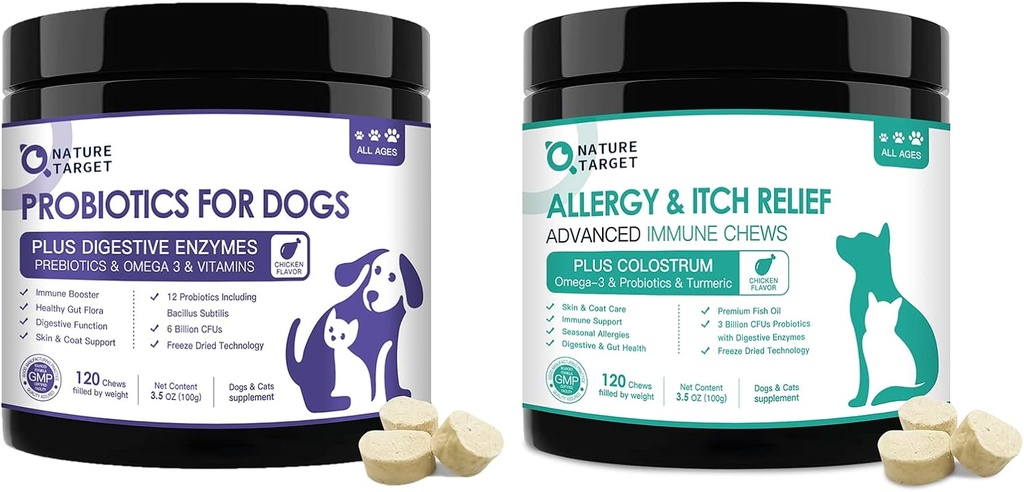 PRObiotici NATURE TARGET per cani, con Prebiotici e enzimi digestivi, Vitamine & Omega 3 per Allergy Itch Relief, Ridurre la diarrea, Gas, Stop Pawlicking, Hot Spots, Shedding