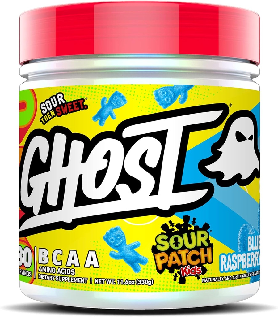 Supplemento di aminoacidi della polvere di GHOST BCAA, Sour Patch Kids Blue Raspberry - 30 Serve - Senza zucchero Intra, Post & Pre Workout Amino Powder & Recovery Drink, 7G BCAA